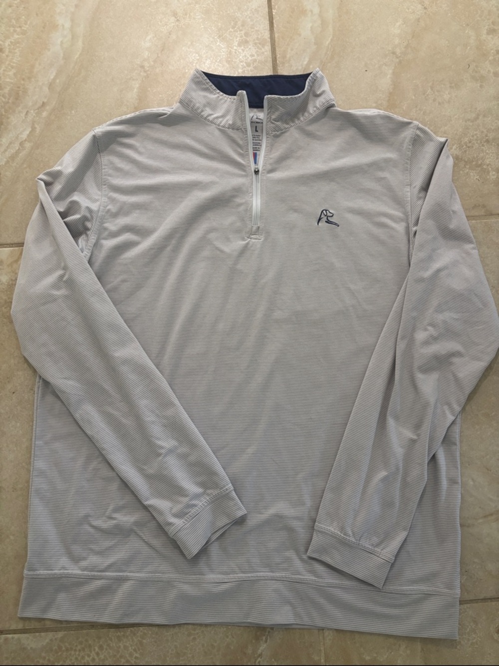 Mens Rhoback 1/4 zip khaki and white stripe pullover with navy details size L